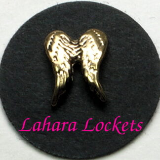 This floating charm is a pair of gold angel wings.