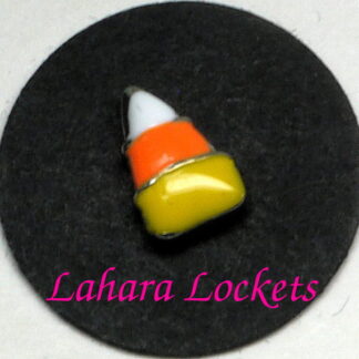 This floating charm is a piece of white, orange and yellow candy corn.