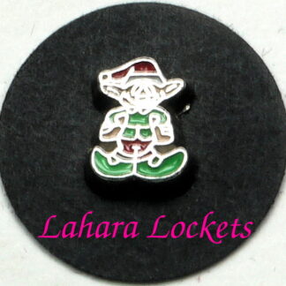 This floating charm is an elf with green shirt and shoes and red hat and pants.