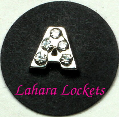This floating charm is a silver letter A with clear gems.