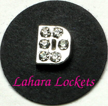 This floating charm is a silver letter D with clear gems.