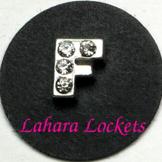 This floating charm is a silver letter F with clear gems.