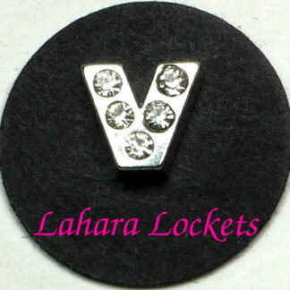 This floating charm is a silver letter V with clear gems.