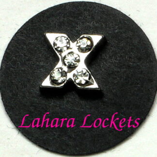 This floating charm is a silver letter X with clear gems.
