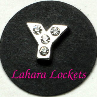 This floating charm is a silver letter Y with clear gems.