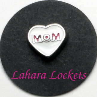 This floating charm is a white heart that says mom in pink letters.