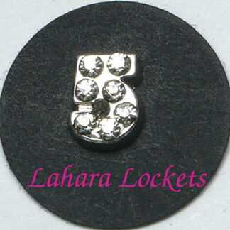 This floating charm is a silver, number five with clear gems.