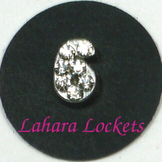 This floating charm is a silver, number six with clear gems.