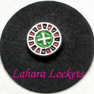 This floating charm is a round, roulette wheel with black and red on the outside and green on the inside of the circle.