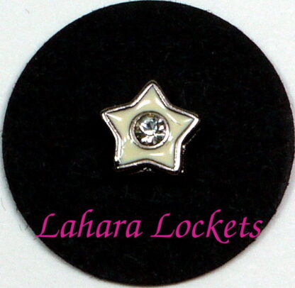 This floating charm is a white star with a clear gem in the center. Compatible with all memory lockets.