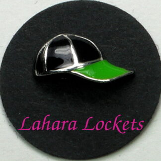 This floating charm is a black and green baseball cap.