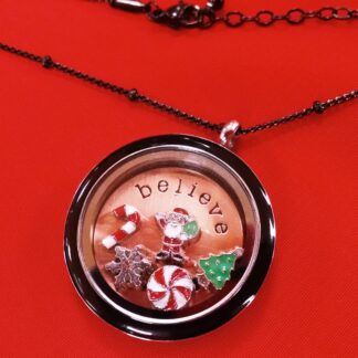 Black memory locket with rose gold believe locket plate and Christmas floating charms