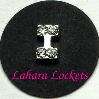This floating charm is a silver letter I with clear gems.