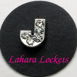 This floating charm is a silver letter J with clear gems.