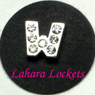 This floating charm is a silver letter W with clear gems.