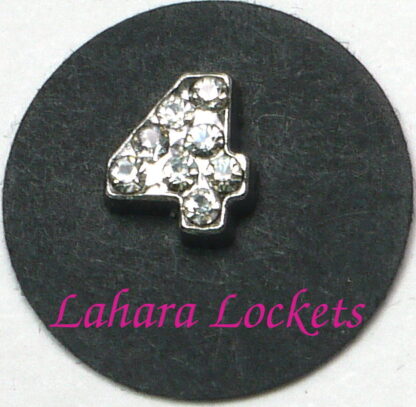 This floating charm is a silver, number four with clear gems.