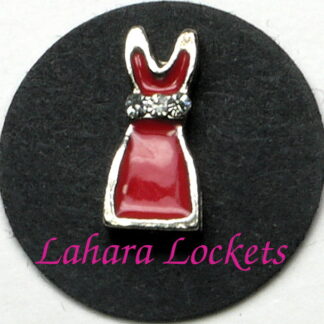 This floating charm is a red dress with clear gems at the waist.
