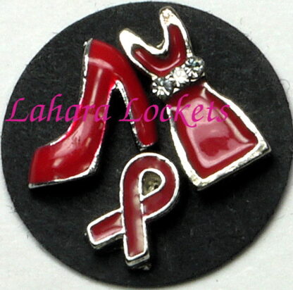 These floating charms are all red and include a ribbon, dress and shoe.