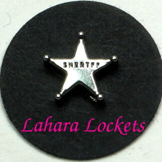 This floating charm is a silver star that says sheriff in black.