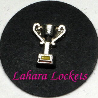This floating charm is a silver trophy with blank yellow plaque.